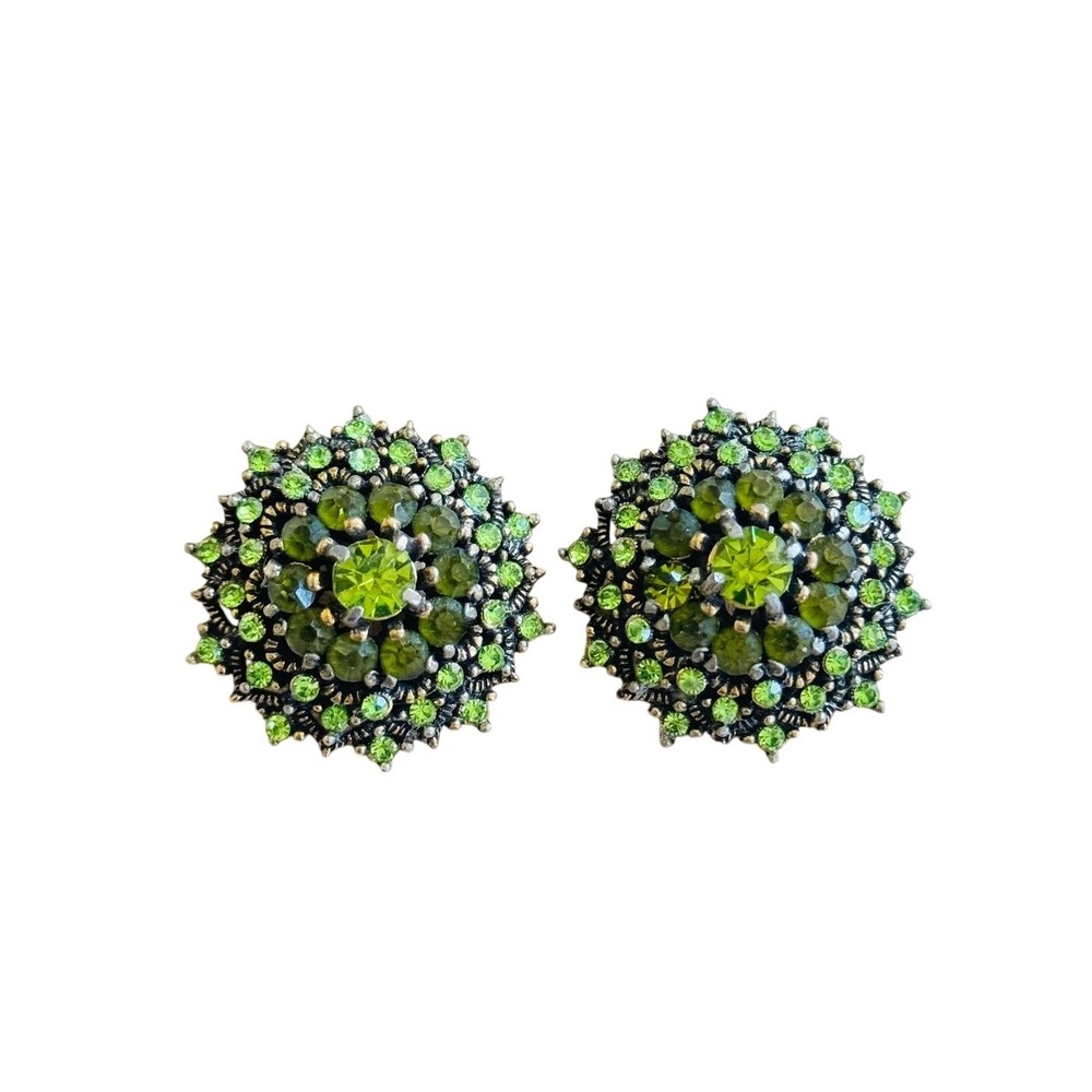 VTG Hollycraft Round Earrings Signed Crystal Rhinestone Clip Green 1950s Estate